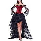  Tomwell Robe Femme Sexy Rétro Robe Élégantes Gothique Dentelle Halloween Costume Noir Corsages Taille Corset Bouffante Robe B Rouge L
