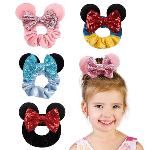 XFSRG 4 Pezzi Set di Cerchietti con Orecchie da Topolino Fascie Elastiche Eleganti per Capelli Ideali per Coda di Cavallo Acconciature Donna e Bambina