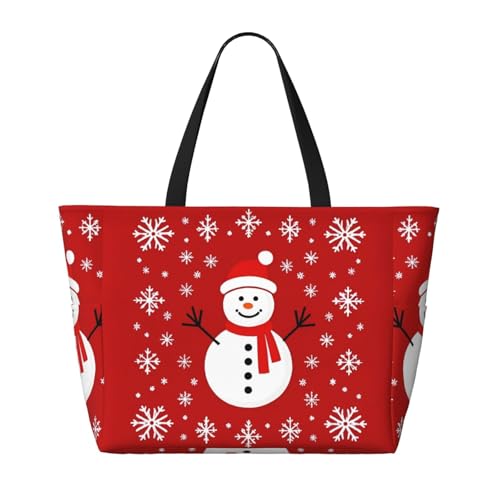 Beach Bag for Women, Waterproof Sandproof Beach Pool Travel Duffel Bags with 7 Pockets, Large Capacity Shoulder Tote Bag for Gym Travel Vacation Essential, Winter Snowman Snowflakes2