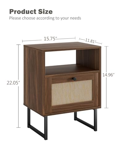 Image of Rattan Nightstand, Boho Night Stand Farmhouse Wood Bedside Table with Storage and Open Shelf, End Side Accent Table for Bedroom,Living Room,Walnut