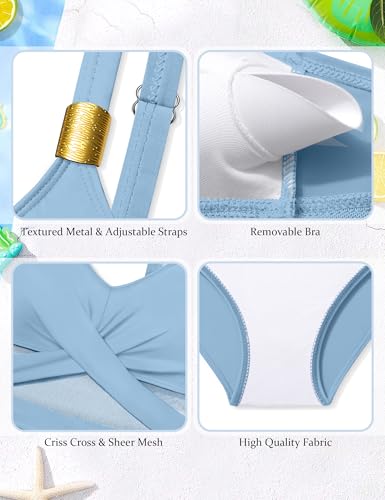Image of Girls Swimsuit Criss Cross One Piece Swimsuits Wrap Tie Back Sheer Mesh Bathing Suit with Gold Metal Swimwear 9-16Y