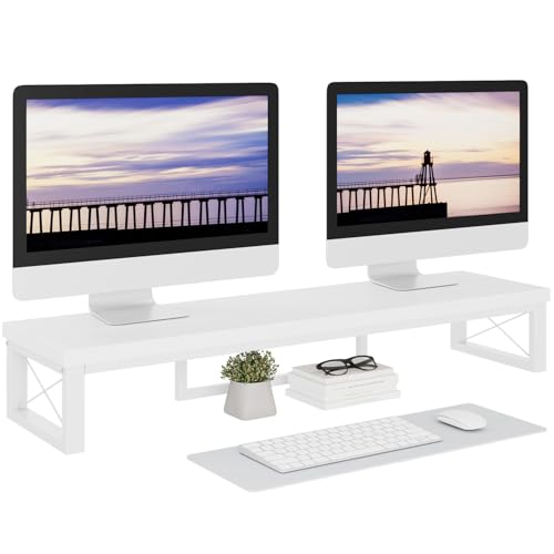 IBUYKE Soporte Doble Monitor Escritorio, 97cm Madera de Elevador Monitor Soporte, Doble Pantalla Oficina de Escritorio, apto para PC, Impresoras, Portátiles y TV, Accesorios Ordenador, Blanco TDJ002W