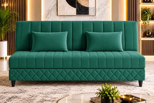 Image of 3-Seater Velvet Sofa Cum Bed | Tufted Convertible Sleeper Sofa | Plush Cushioned Seating | Space-Saving Design for Living Room, Bedroom & Office | Green