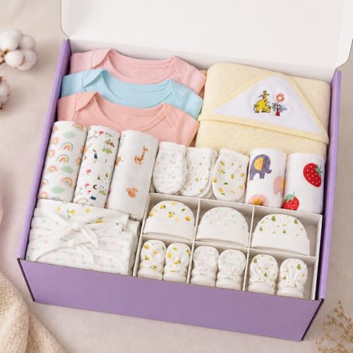 Image of MOM'S HOME Newborn Baby Gift Set (0-6 Months) | 27 Pieces Organic Cotton Essentials Kit | Hospital Bag, Muslin Clothing Set (Multicolor)