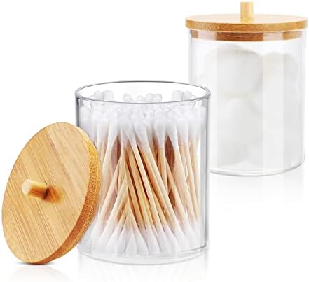 TCJJ 2 Pack Acrylic Qtip Holder Dispenser Jars with Bamboo Lids, Cotton Ball Pad Round Swab Holder for Bathroom Accessories Storage Organizer