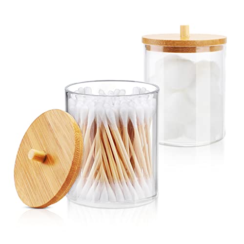 Tcjj 2 Pack Acrylic Qtip Holder Dispenser Jars With Bamboo Lids, Cotton Ball Pad Round Swab Holder For Bathroom Accessories Storage Organizer #TOP1