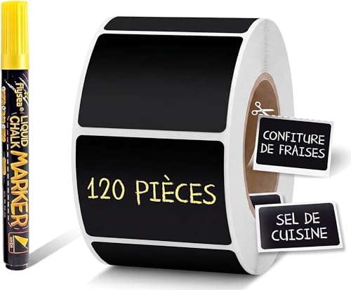 120 Étiquettes Ardoise Autocollantes pour Bocaux, Étanche et Réutilisable, Stickers Noirs 3.5x5.5cm pour Épices, Confiture et Cuisine, 1 Marqueur Craie...