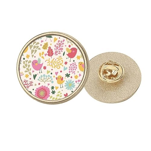 Broche ronde métal doré peinture oiseau fleur taille M bijou rétro