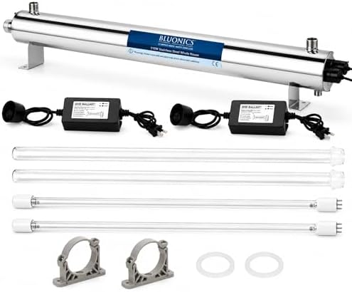 Whole House UV Water Filter System 24 GPM – 110W Stainless Steel UV Light – 1" NPT – LED Indicator & Audible Alarm – for Well & City Water – Includes 2 Ballasts – Bluonics