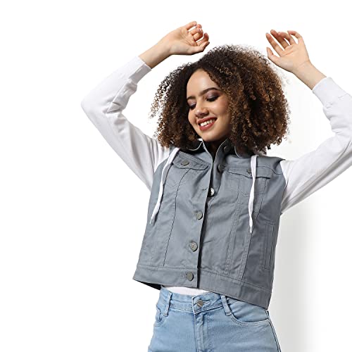 Image of Campus Sutra Women Grey & White Regular Fit Denim Jacket For Winter Wear | Collared Neck | Full Sleeve | Buttoned | Casual Jacket For Woman & Girl | Western Stylish Jacket For Women