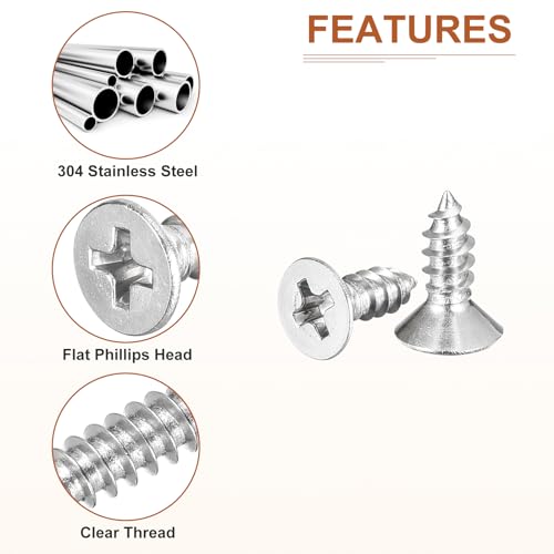 Image of DTGN 100Pcs #6x3 /8 Flat Head Wood Screws, 304 Stainless Steel Phillips Self Tapping Screws - Good for Woodworking, Furniture - Silver