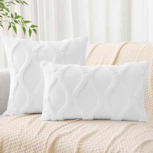 decorUhome Throw Pillow Covers 16x16 Inch Set of 2, Soft Plush Faux Fur Wool Pure White Couch Pillow Covers, Decorative Neutral Pillow Cases for Bed Sofa Living Room Home Decor
