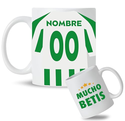 Taza Personalizada con nombre y dorsal de tu equipo preferido de Fútbol. Tazas de Desayuno personalizada. Regalo Original para Aficionados del Fútbol. Regalos Mundial. (Betis)