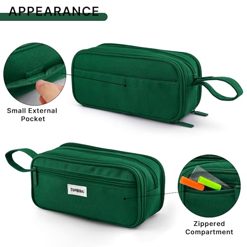 Image of TOPBIDAI Large Pencil Case Pouch for Girls Boy Women Men Adults | Big Capacity Canvas Pencil Bag, Office School Supplies, Multi Compartment Zipper Stationery Pen Box(Dark Green)