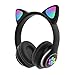 Produktbild POHOVE Süß Stereo Gaming Headset mit Mikrofon, Katze Ohr Mit LED Licht Blinkende Leuchtende Modisch Kabellos Bluetooth Leicht Selbstjustierend Über Ohr Kopfhörer Für Damen Kinder - Schwarz, Free Size