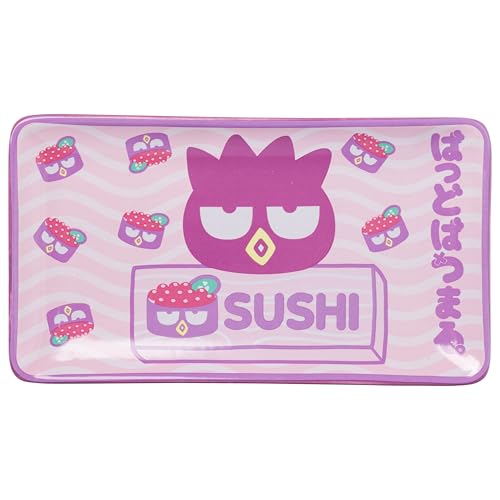 Image of Silver Buffalo Sanrio Hello Kitty and Friends Badtz-Maru Japanese Roe Purple Ceramic Sushi Set with Dipping Sauce Dish and Matching Chopsticks