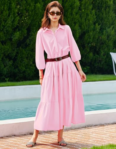 Image of Women Button Down Maxi Shirt Dress Long Sleeve Flowy Tiered Collared Dresses with Pockets