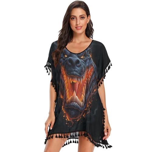 Cool Animal Art Hippopo Women's Beach Cover Up Chiffon Tassel Swimwear Swimsuit Coverups for Girl