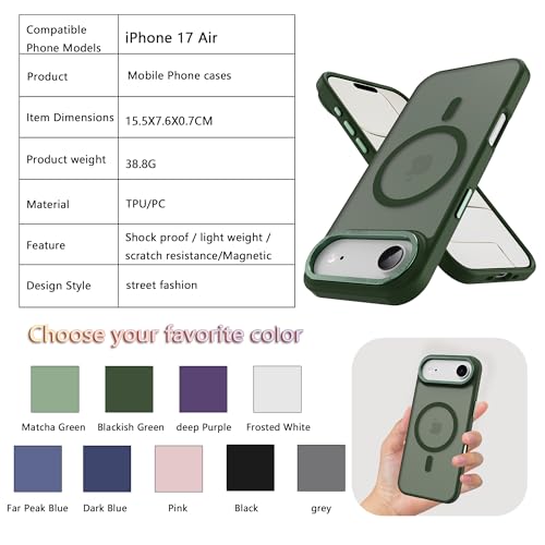 Image of Magnetic for iPhone 17 Air Phone Case, [Compatible with MagSafe], Screen Protectors X1, [Military Grade Drop Protection],Matte Finish,Slim,Shockproof,Protective (Blackish Green, 17 air)