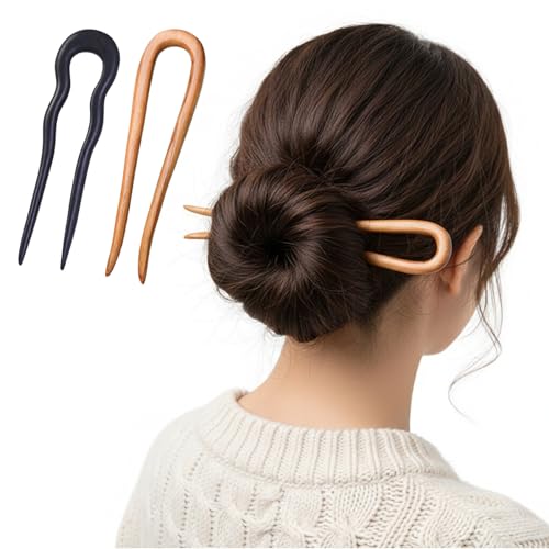 2 Pezzi Fermagli per Capelli a U, Forcine in Stile Francese in Legno, Punte per Chignon e Bun, Accessori Capelli Donna, Semplice Elegante Fermaglio per Styling