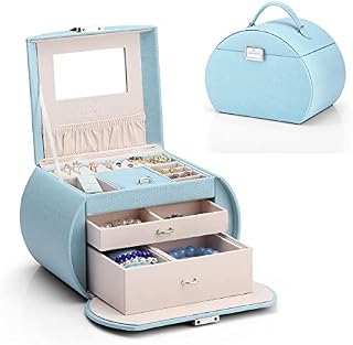 Vlando Jewellery Box for Girls, Jewelry Storage Case with 2 Pull-out Drawer & Mirror for Ring Bracelet Necklace Earring and Hair Ornaments, with Greeting Card, Easter Presents for Children & Women (Blue)