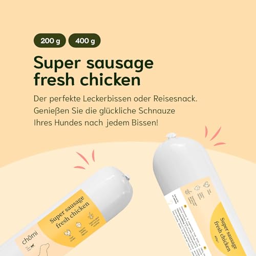 Chōmi Dog Super Sausage Fresh Hundefutter | Nassfutter Für Hunde | Gemüsewurst für Hunde | Adult | Getreide- und konservierungsmittelfrei | Mit Seetang | Barf (400 x 8g, Chicken)