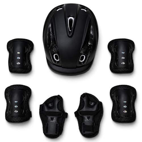 OVERS Kids & Adults Protective Gear Set 7-in-1 Helmet Knee Pads Elbow Pads & Wrist Guards for Scooter Skateboarding Cycling & Roller Skating (Full Black Free Size)
