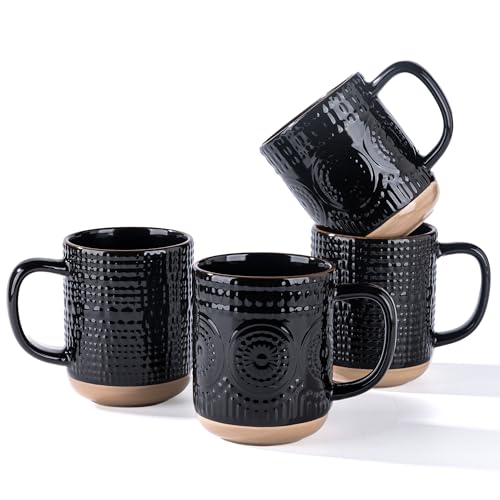 GBhome Large Coffee Mugs Set of 4, 16oz Handmade Stoneware Coffee Mugs Set with Large Handle for Cappuccino/Latte/Tea/Hot Cocoa, Dishwasher & Microwave Safe, Black