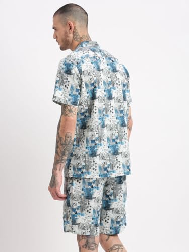 Image of SHOWOFFFF Men Abstract Two-Piece Co Ords | Cuban Collar Half Sleeves Cotton Co Ords for Mens | Mid-Rise Relaxed Fit Knee Length Co Ords for Men's