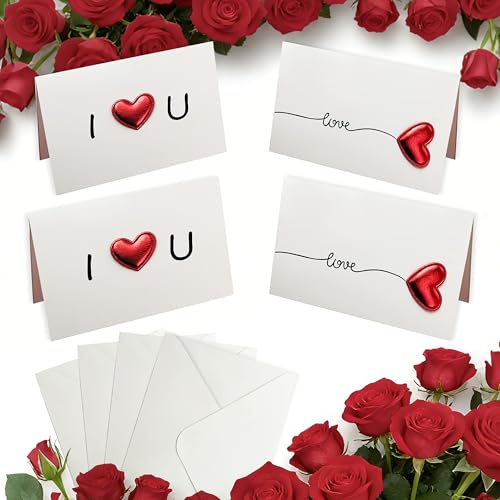 Xcdhemde® 4 Piezas de Tarjetas de San Valentín, 10x15 cm, Diseño de Corazón 3D, Tarjetas de Felicitación Corazón de Amor, para Aniversario de Matrimonio, San Valentín, Cumpleaños (Incluye 4 Sobres)