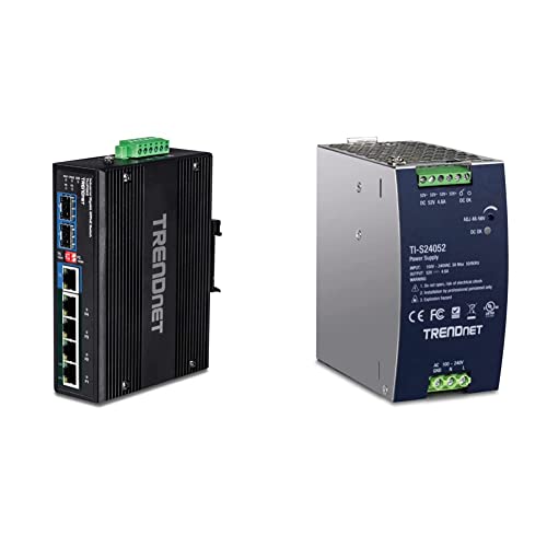 Image of TRENDnet Bundle 6-Port Hardened Industrial Gigabit 10 /100 /1000 Mbps Ultra PoE DIN-Rail Switch TI-UPG62, 240W 52V DC 4.61A AC to DC DIN-Rail Industrial Power Supply TI-S24052