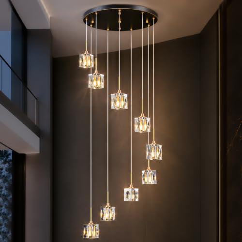 High Ceiling Chandelier with 9-Light,Black and Gold Foyer Pendant Light