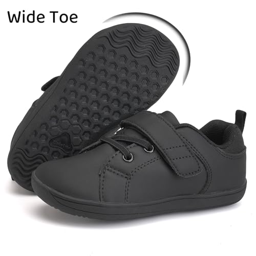 WateLves Toddler Little Kid Wide Barefoot The First Walking Shoes Girls Boys Leather Uniform Dress Shoes Lightweight Splay Naturally Minimalist Sneakers (Black, 23)2