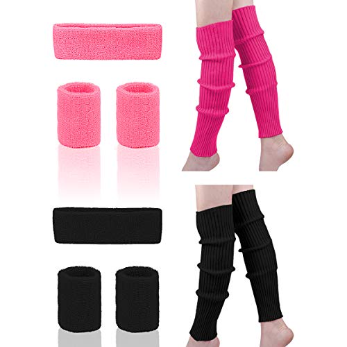 Leg Warmers Set - Women 80s Pink knitted leg warmers Running Headband Wristbands Warmers 80s Theme Party Accessories (black/hotpink)