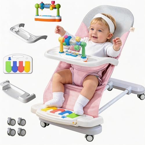 MOOWSKI Baby Bouncer 4-in-1 with Wheels, Detachable Piano, Feeding Tray, Play Bar, Thick Base. 3-Level Incline Portable Seat Baby Rocker for Infant to Toddler 0-6, 0-12, 12-24 Months - Pink
