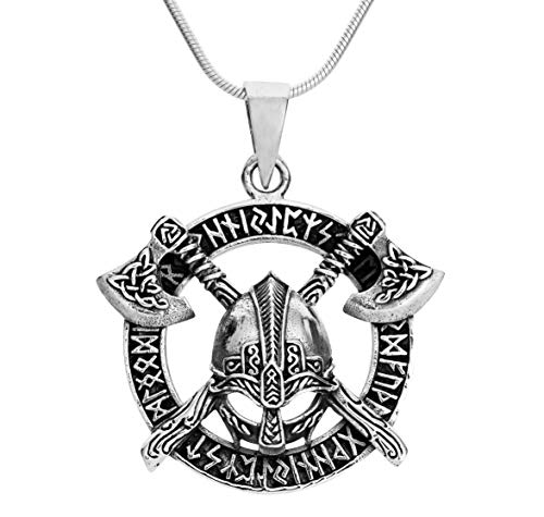 Treasure Bay - Pendentif Viking Casque et Haches en Argent | Collier Guerrier en Argent Sterling 925 avec Chaîne pour Homme