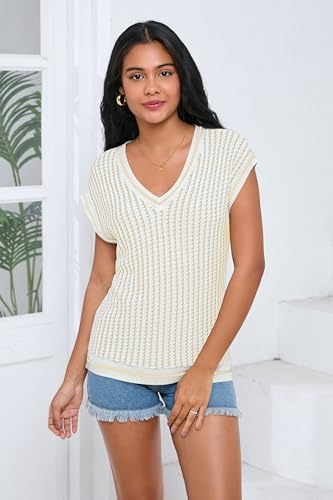 Image of SAUKOLE Summer Crochet Tops for Women Fashion Striped Casual Cap Sleeve Shirts Loose Knit Sweater Vest