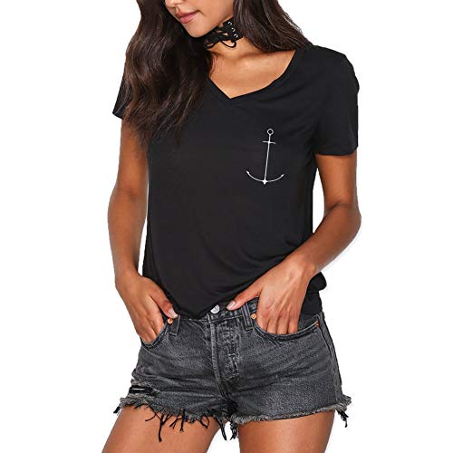 VIENTO Minimal Anchor Damen T-Shirt mit V-Ausschnitt (Schwarz, M)