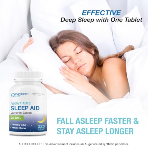 Image of Puregen Labs Doxylamine Succinate 25mg | Nighttime Sleep Aid | Safe & Effective | Non-Habit Forming Sleep Aid | Made in USA | 225 Tablets