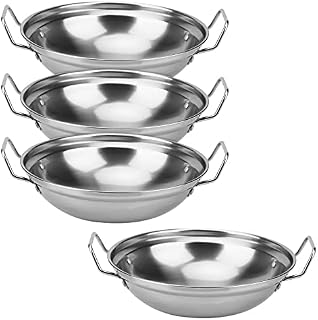 MUKCHAP 4 Pack 22cm Balti Serving Dishes, Silver Indian Curry Serving Karahi Dishes, Stainless Steel Balti Bowl with Handle