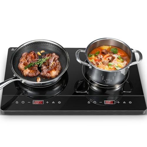 KICHPOWER Doppel Induktionskochplatte, Induktionskochfeld 2 Platten, Unabhängiger Steuerung, 10 Temperaturstufen & Leistungsstufen, 3500W, Touch-Steuerung, 180-Min Timer, Induktionskochplatte Camping