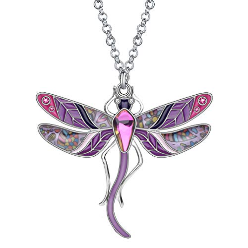BONSNY Statement Enamel Rhinestone Dragonfly Necklaces Pendant Original Design for Women Nature Lover Jewelry