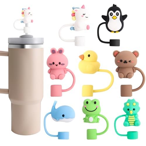 8 Pcs Animal Straw Covers Cap for Stanley Cup, Silicone Straw Topper for Stanley 30&40 Oz Tumbler, Cute Straw Caps in Various Shapes Stocking Stuffers Gift for Women Kids Drinking Caps for 10 mm Tip