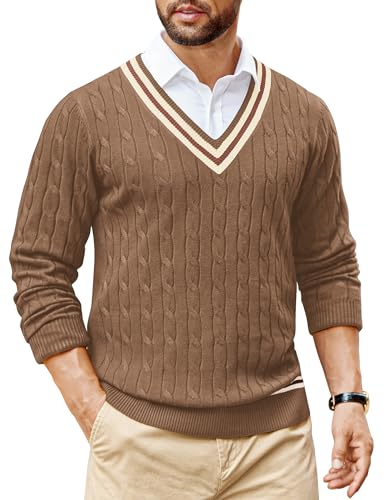 COOFANDY Mens V-Neck Sweaters Irish Knit Sweater Pullover Thick