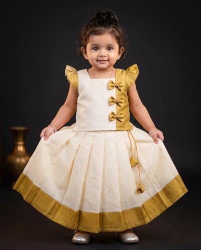 Image of Stanwells Kids Baby Girl Dress Cream Gold Pattu Pavadai Cotton Silk Lehenga Choli Kerala Kasavu South Indian Onam Festival Traditional Ethnic Wear