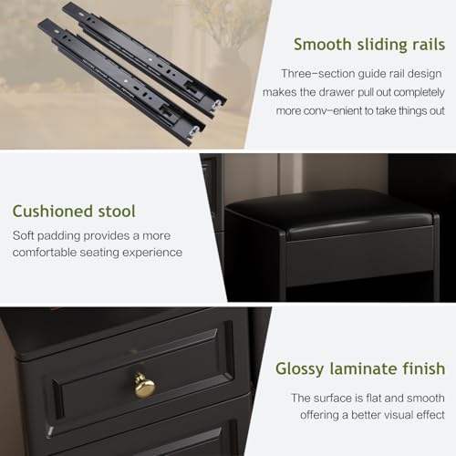 YYJ 42\" Makeup Vanity Desk with Mirror and Lights, & Power Outl,Glass Top Big Vanity Table with 9 Drawers& 8 Storage Shelves,Dressing Table Set with Chair for Bedroom,Black