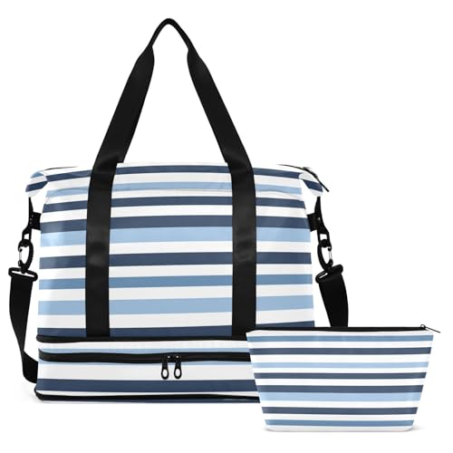 ALAZA Vintage Blue White Stripes Gym Bag Sports Duffel Bag with Shoes Compartment, Overnight Weekender Travel Tote Bag for Women Men Trip College2