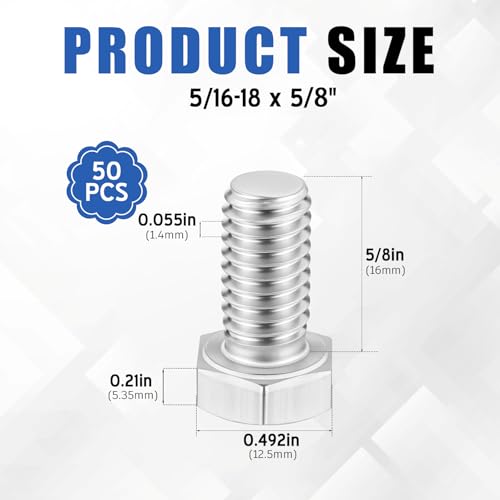 Image of Zonon 50 Pcs 5 /16-18 x 5 /8 inch Hex Head Screw Bolt 18-8 (304) Stainless Steel Hexagon Bolts, Fully Threaded, Plain Finish, External Hex Drive (Silver)