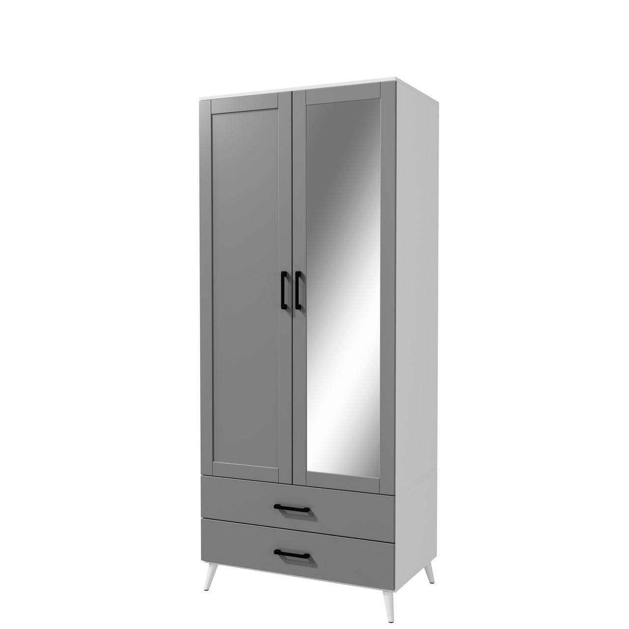 URBNLIVING 180cm Tall White Freestanding Mirror Wardrobe with Grey 2 Door 2 Drawer Modern Shelf Clothes Storage Cupboards Unit for Bedroom Hanging Rail with Wooden legs