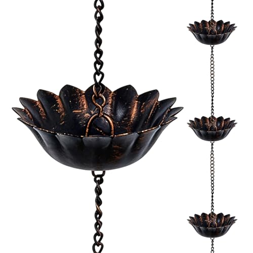hogardeck 8.5FT Rain Chain with 12 Cups for Gutters Outside Decorative Metal Rain Catcher with Adapter Stake & Bell for Downspout Replacement Garden Drainage Eaves